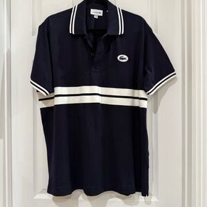Lacoste XL Size 6 Classic Fit Navy Blue Polo Shirt with White Striped Details